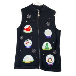Vintage Nouveaux‎ Women's L Black Zip Christmas Sweater Vest Snow Globe Holiday